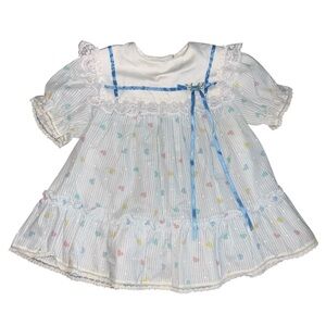 RARE🤍💙Vintage Toddler KLL Pastel Hearts Swiss Dot Dress Blue Bow Lace Striped 2T